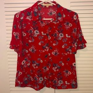 XS RED FLOWER PATTERN BOTTON DOWN LOOSE FIT BLOUSE